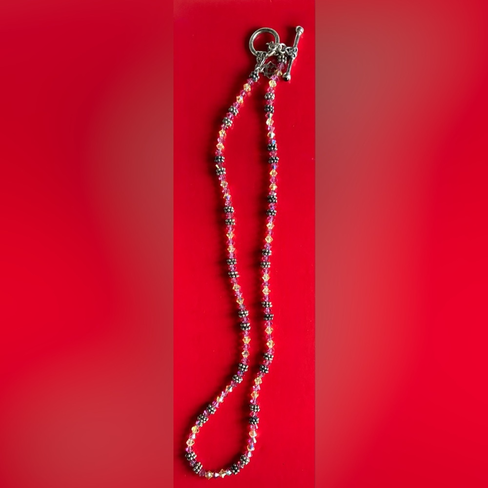 925 Silver Necklace,Pink and Yellow Crystal Bead Necklace with Silver Accents - Picture 10 of 10